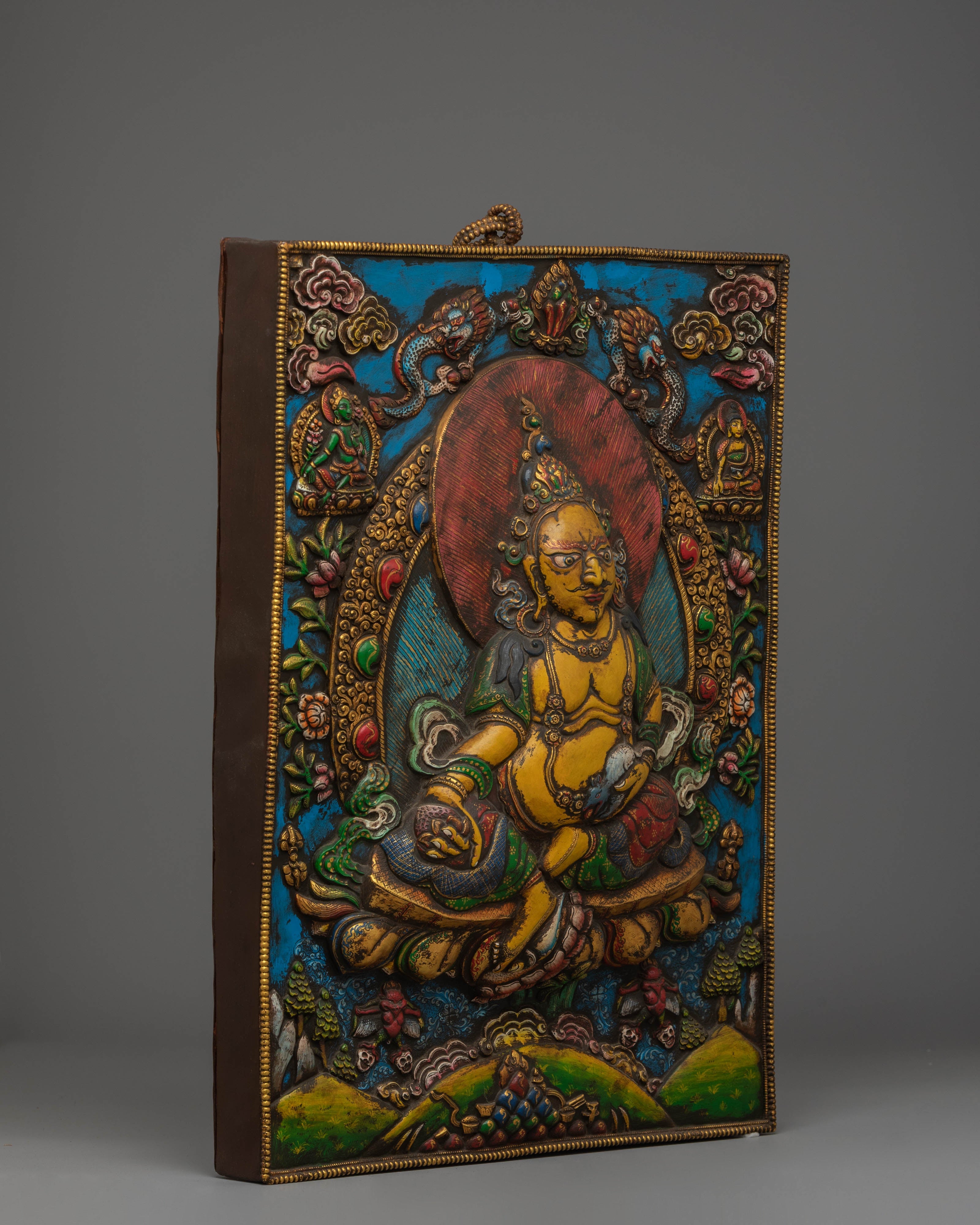 Sacred Yellow Dzambhala Wall Hanging | Tibetan Copper Art for Prosperity