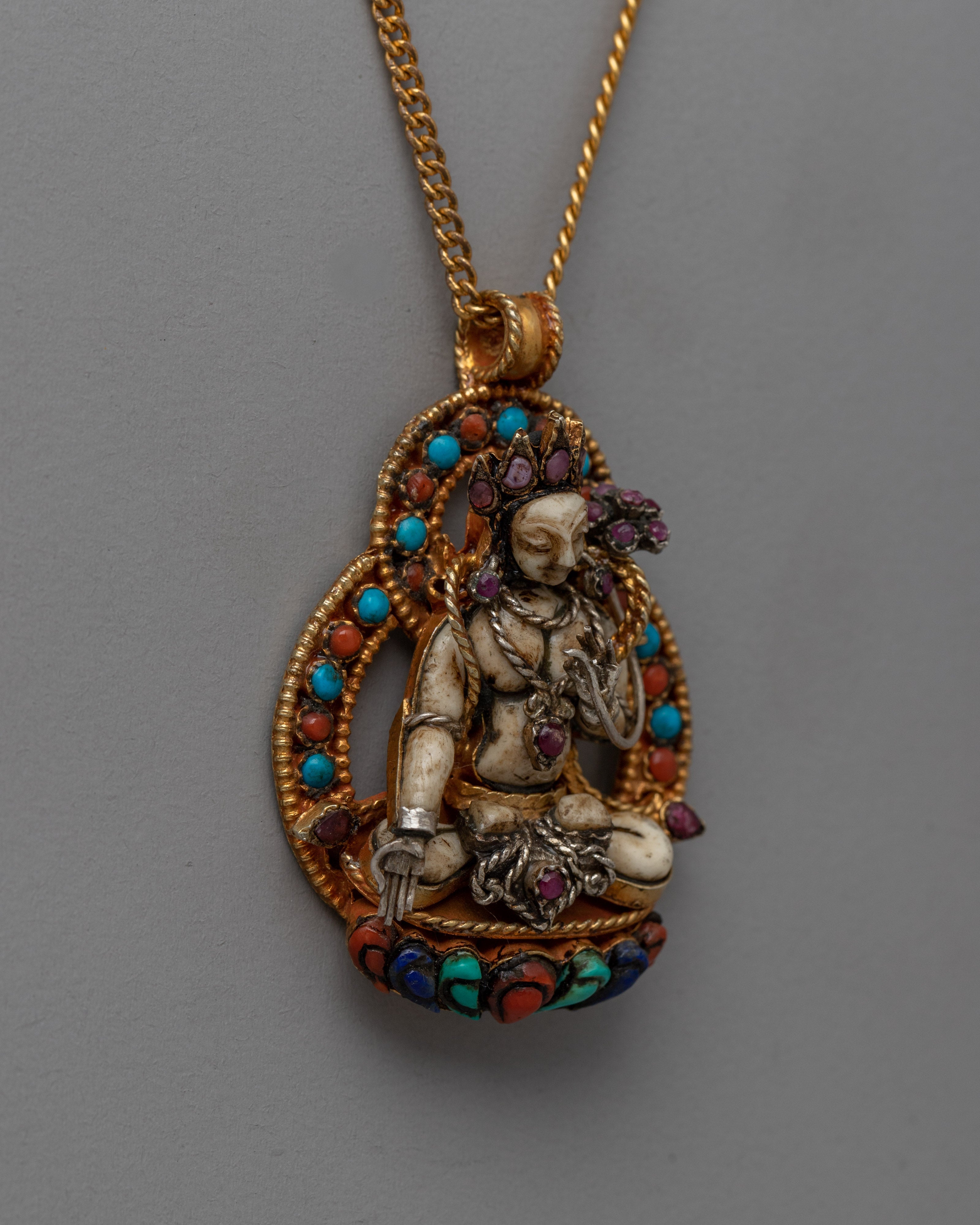 Sacred White Tara Amulet with Gold Base & Original Stones | Providing Wearer with Blessings