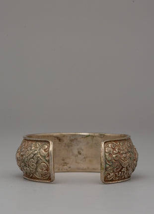 Ornate White Metal Bracelet | Tibetan Bangle for Everyday Wear