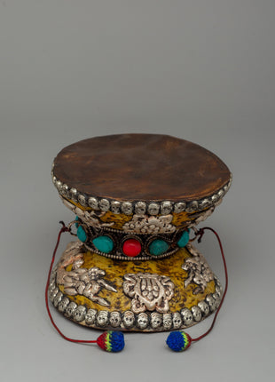 Ritual Drum with White Metal, Coral & Turquoise | Buddhist damaru