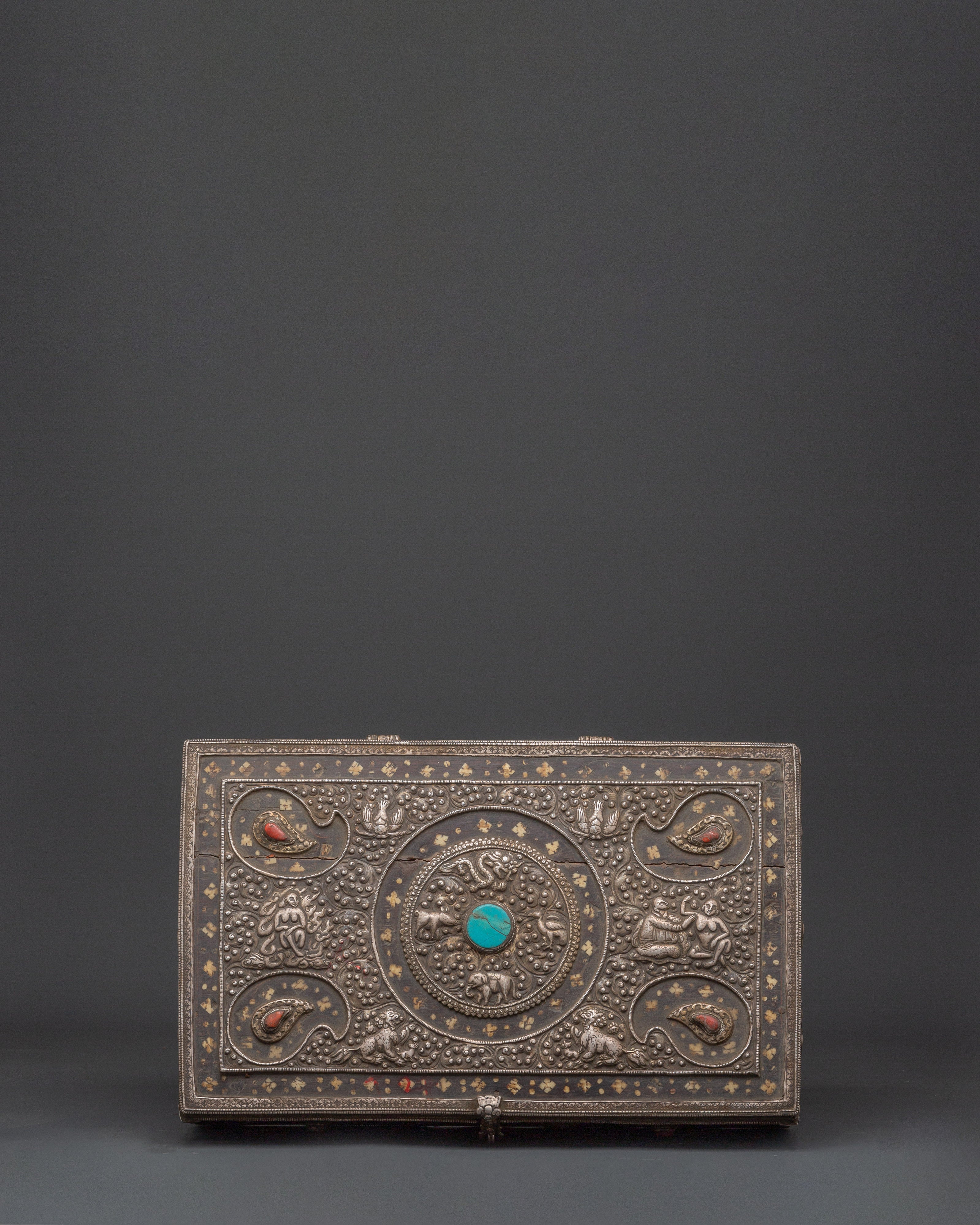 Pure Silver Treasure Box with Coral & Turquoise | Decorative Storage Box