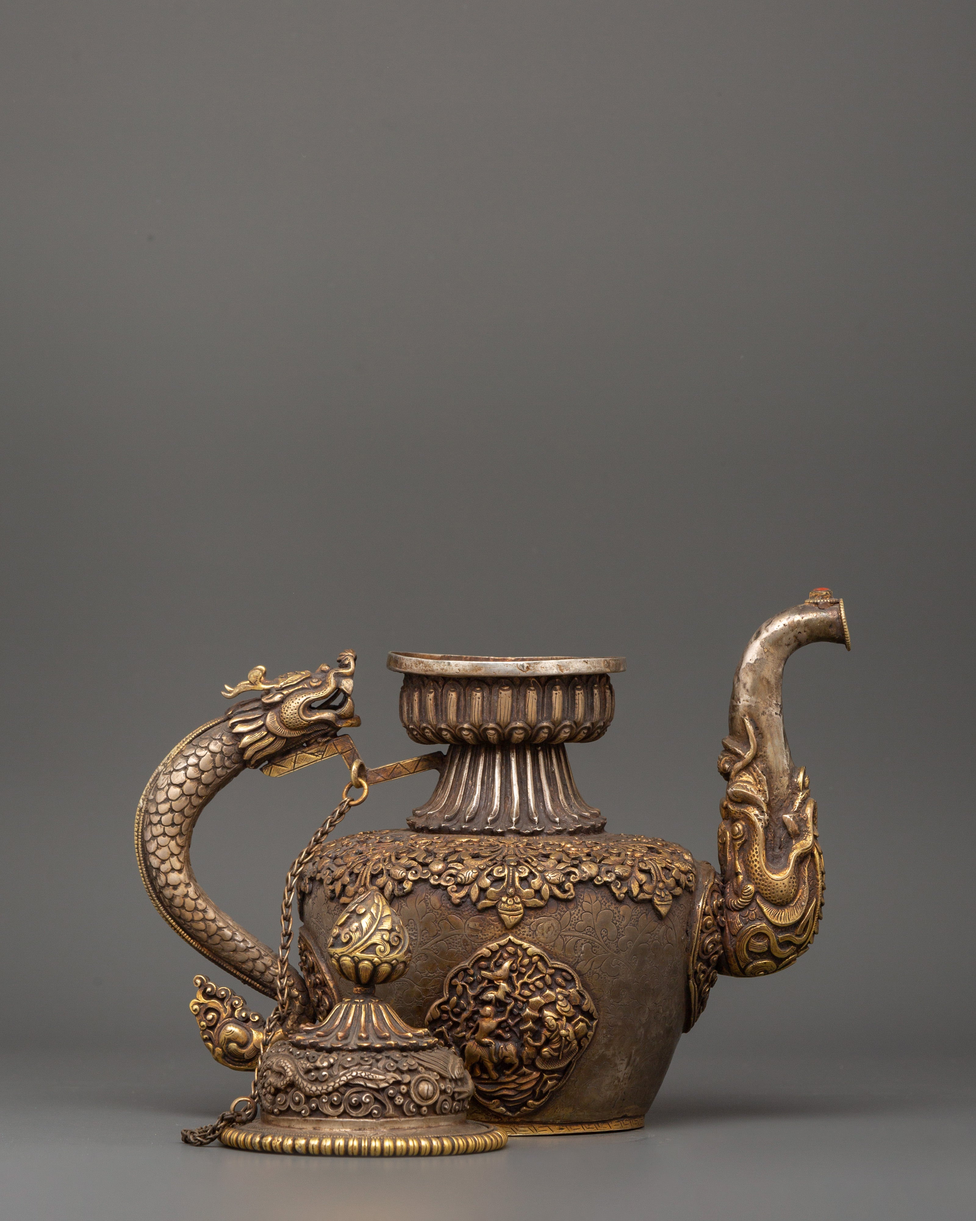Tea Pot with Dragon Handle | Handcrafted Copper & Pure Silver with Gold Plating