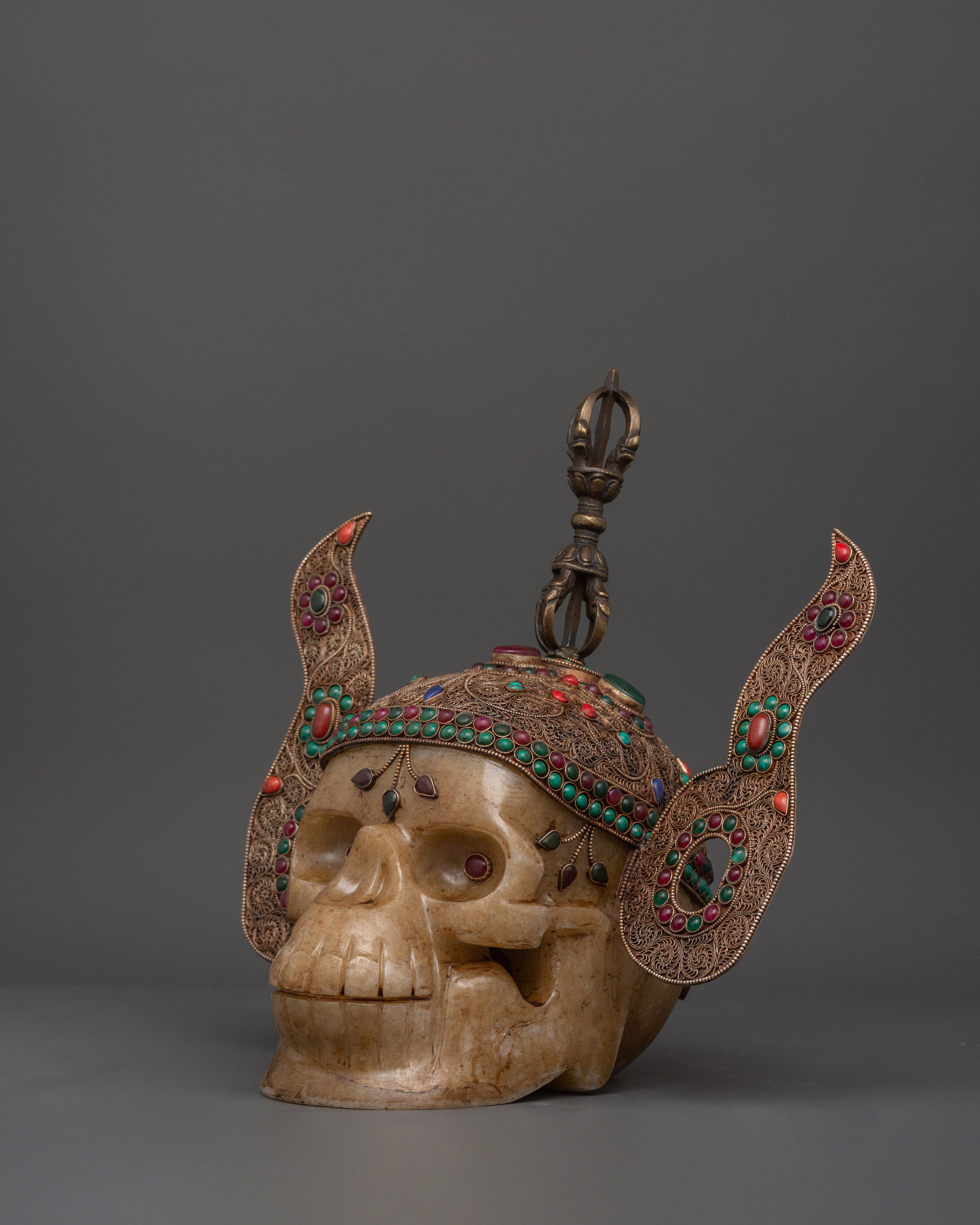 Mystic Skull Decor Copper Body with Silver Plating | Inlaid Coral, Turquoise & Crystal