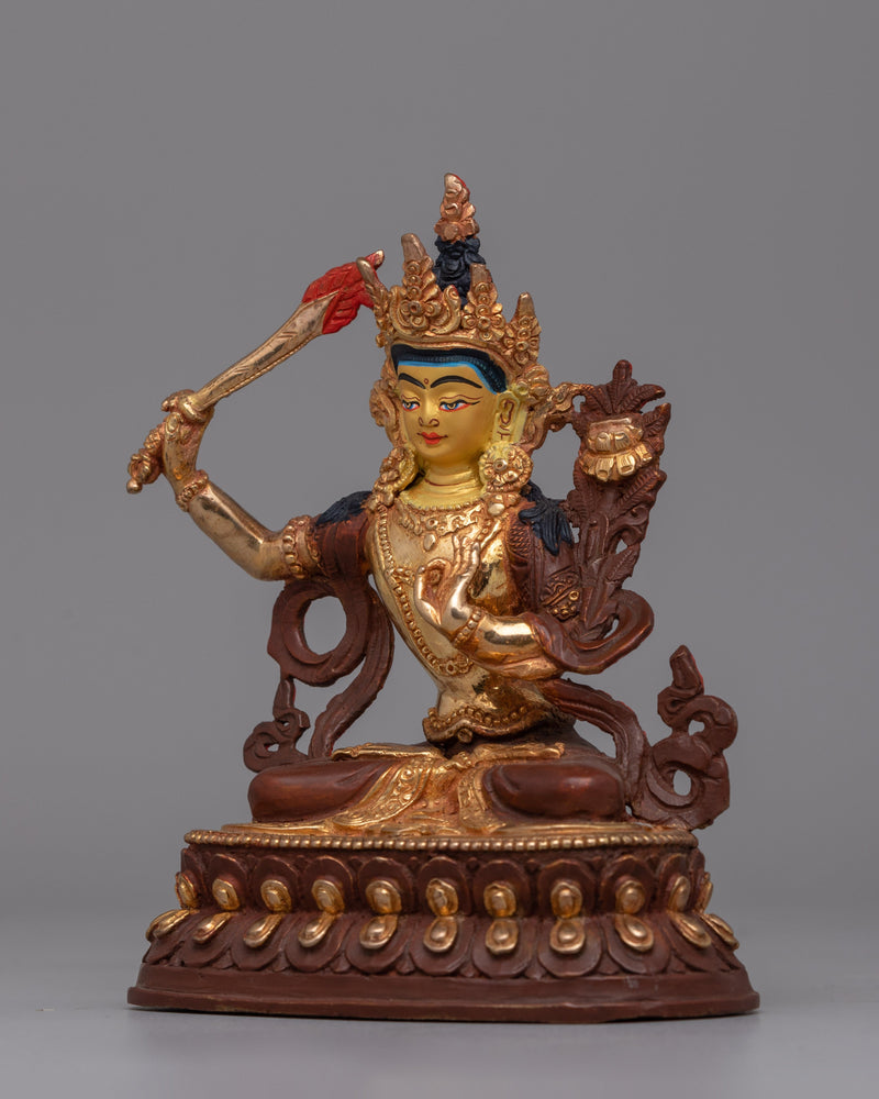 Manjushri Oxidized Copper Statue | Wisdom Deity Gold-Plated Statue for Altar or Decor