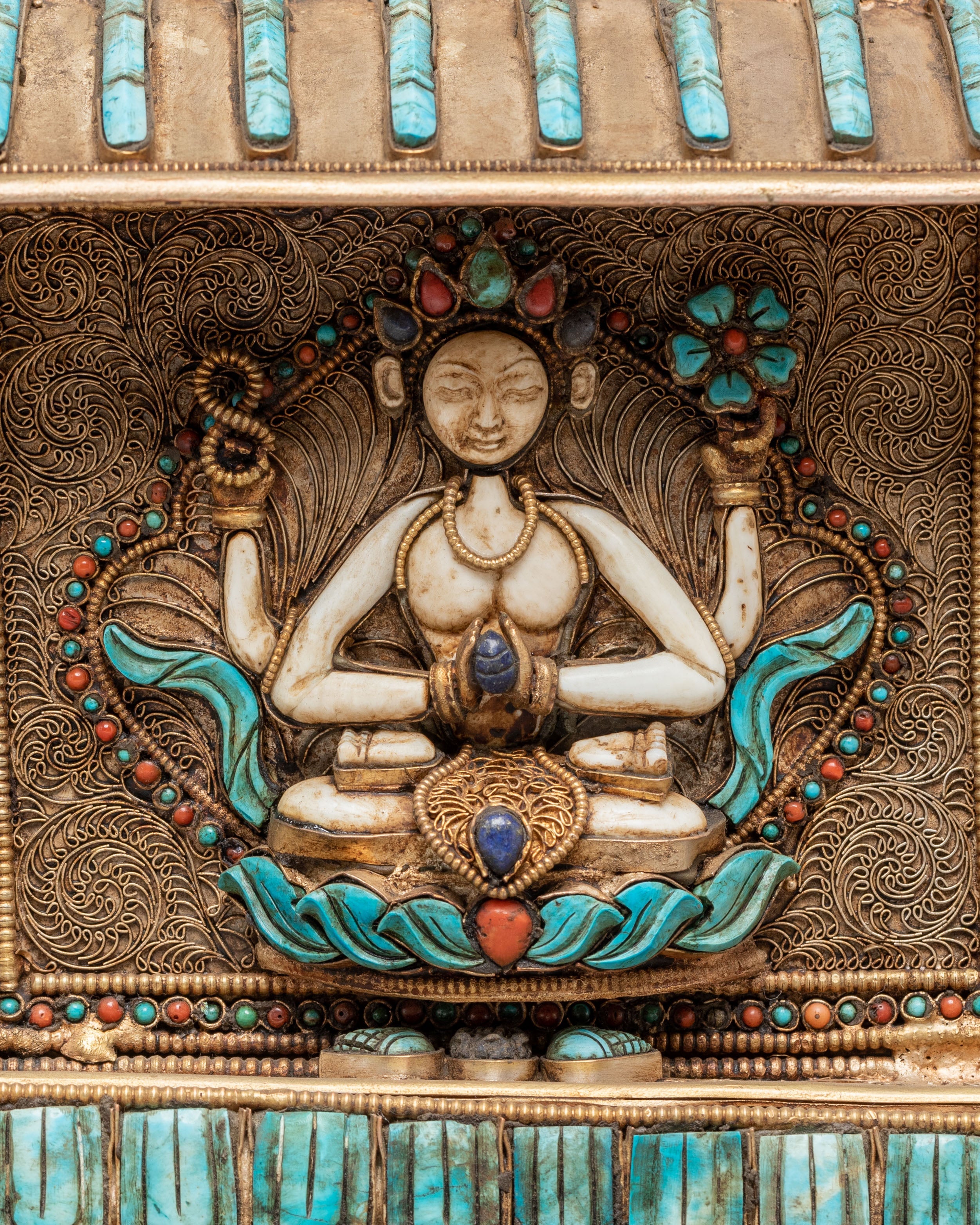 Tibetan Stupa with Deities and Turquoise Inlays | Copper & Semi-Precious Stones