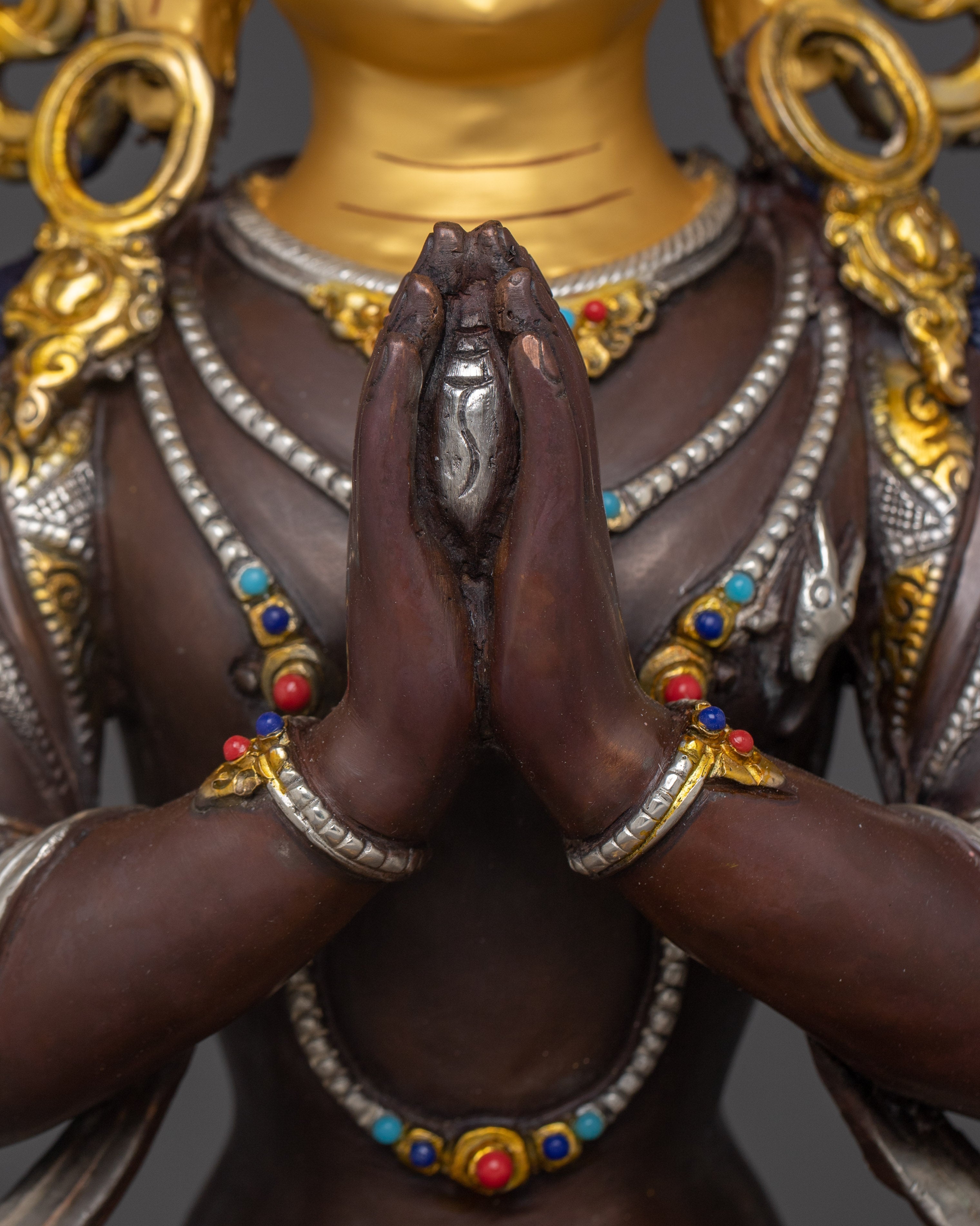 Handcrafted Four-Armed Chenrezig Statue | Oxidized Copper & Gold Plated Figurine