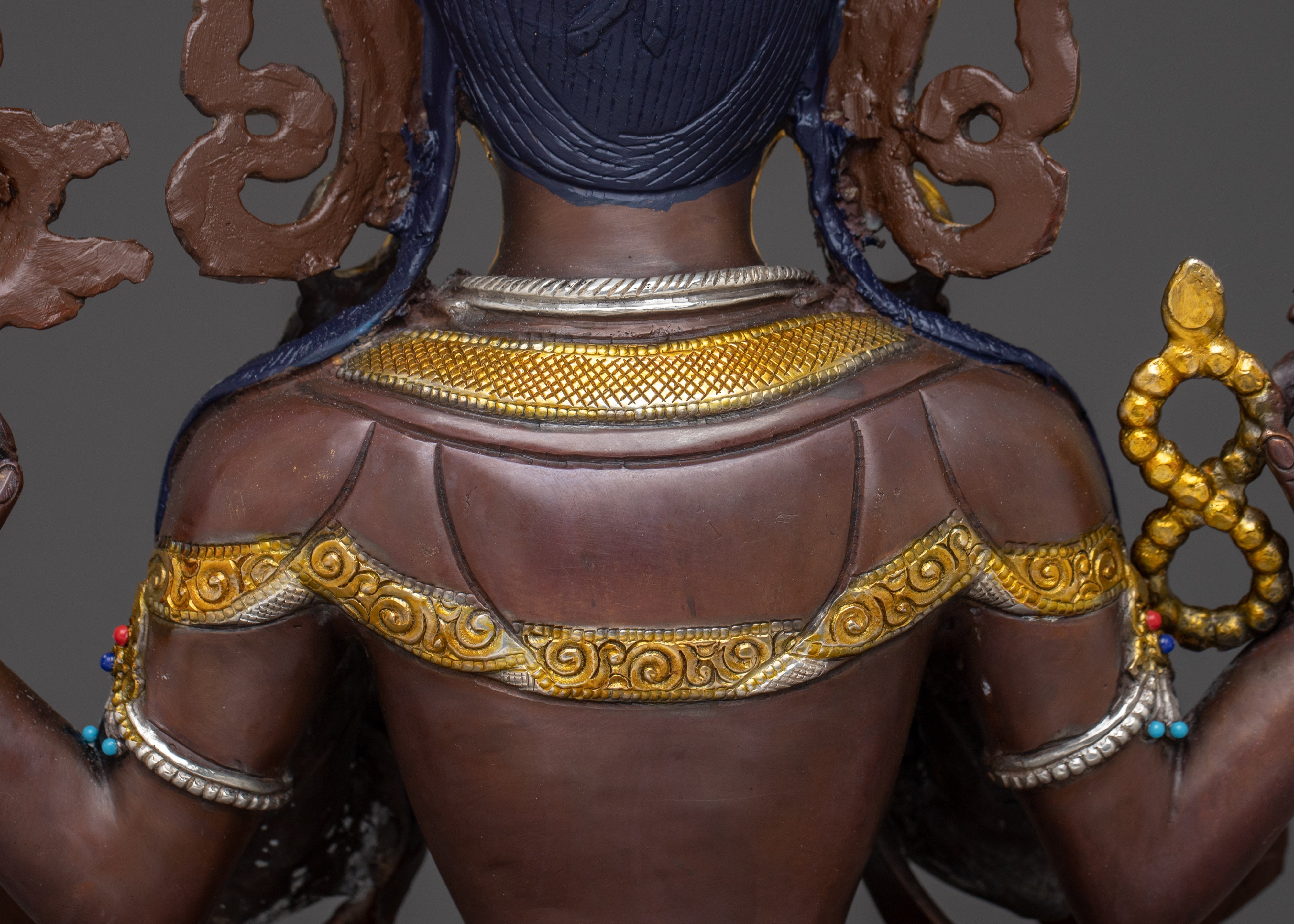 Handcrafted Four-Armed Chenrezig Statue | Oxidized Copper & Gold Plated Figurine