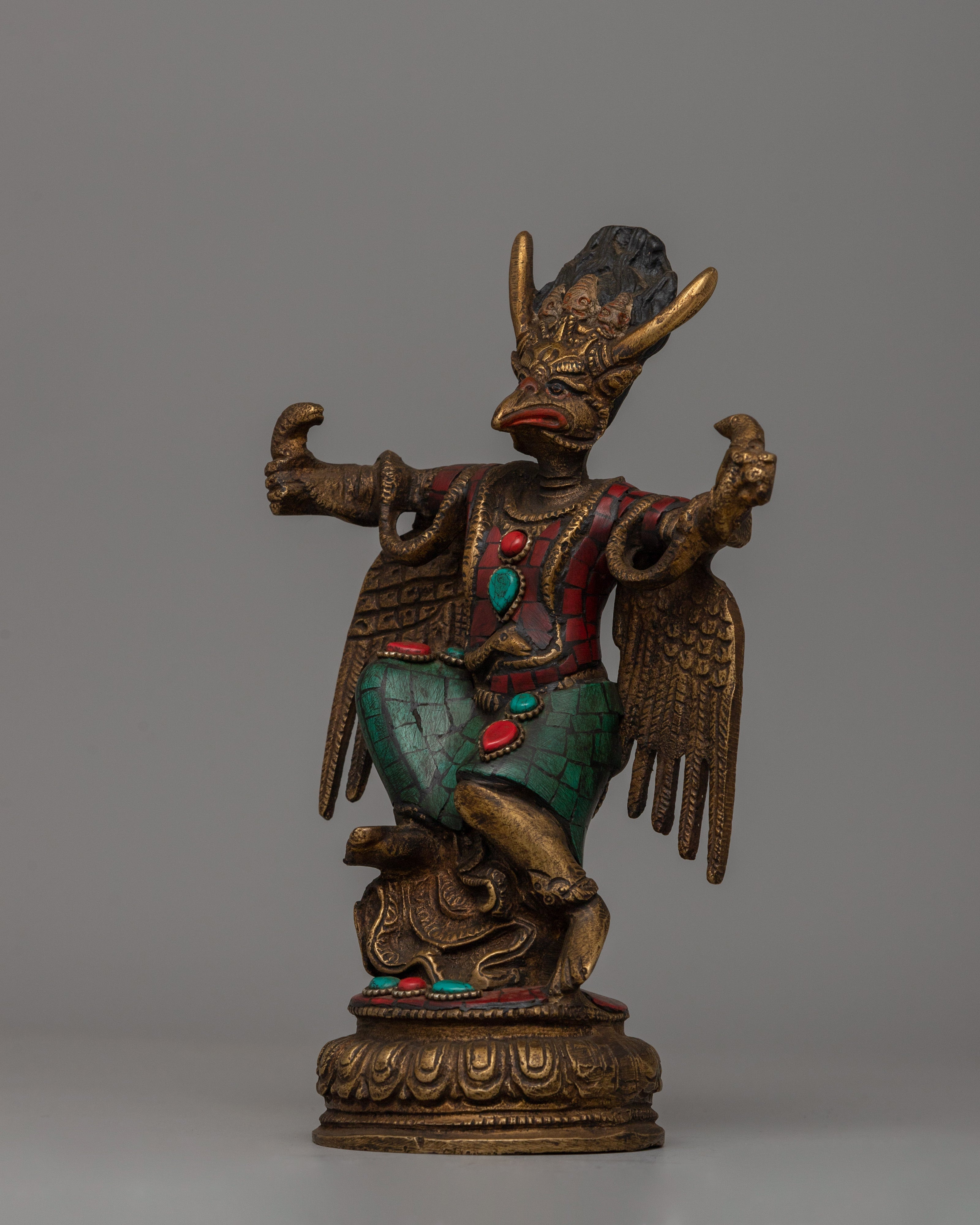 Copper Garuda Statue with Turquoise | Tibetan deity sculpture