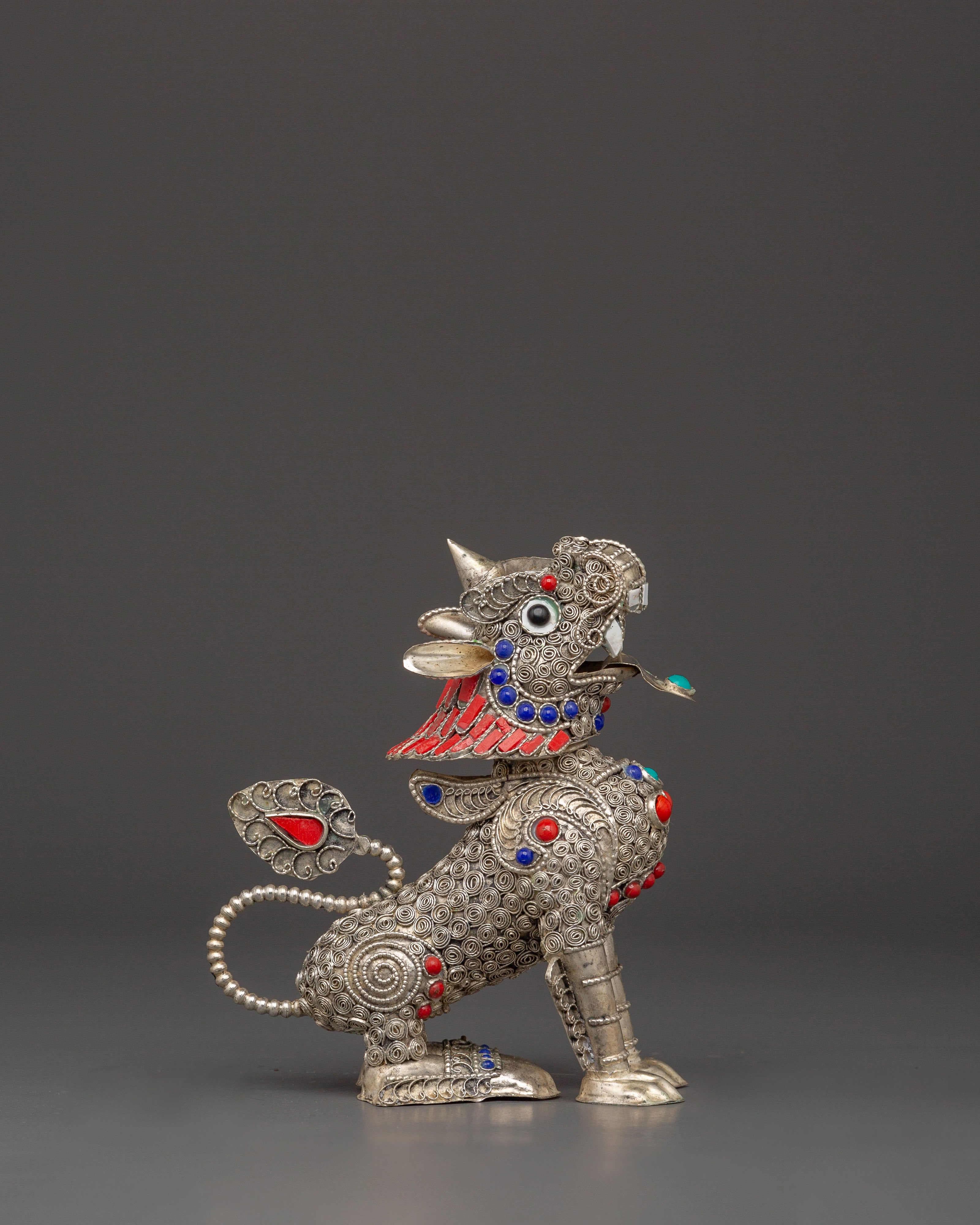 Tibetan Snow Lion Buddhist Protector Set | Silver-Plated White Metal Guardian Statues