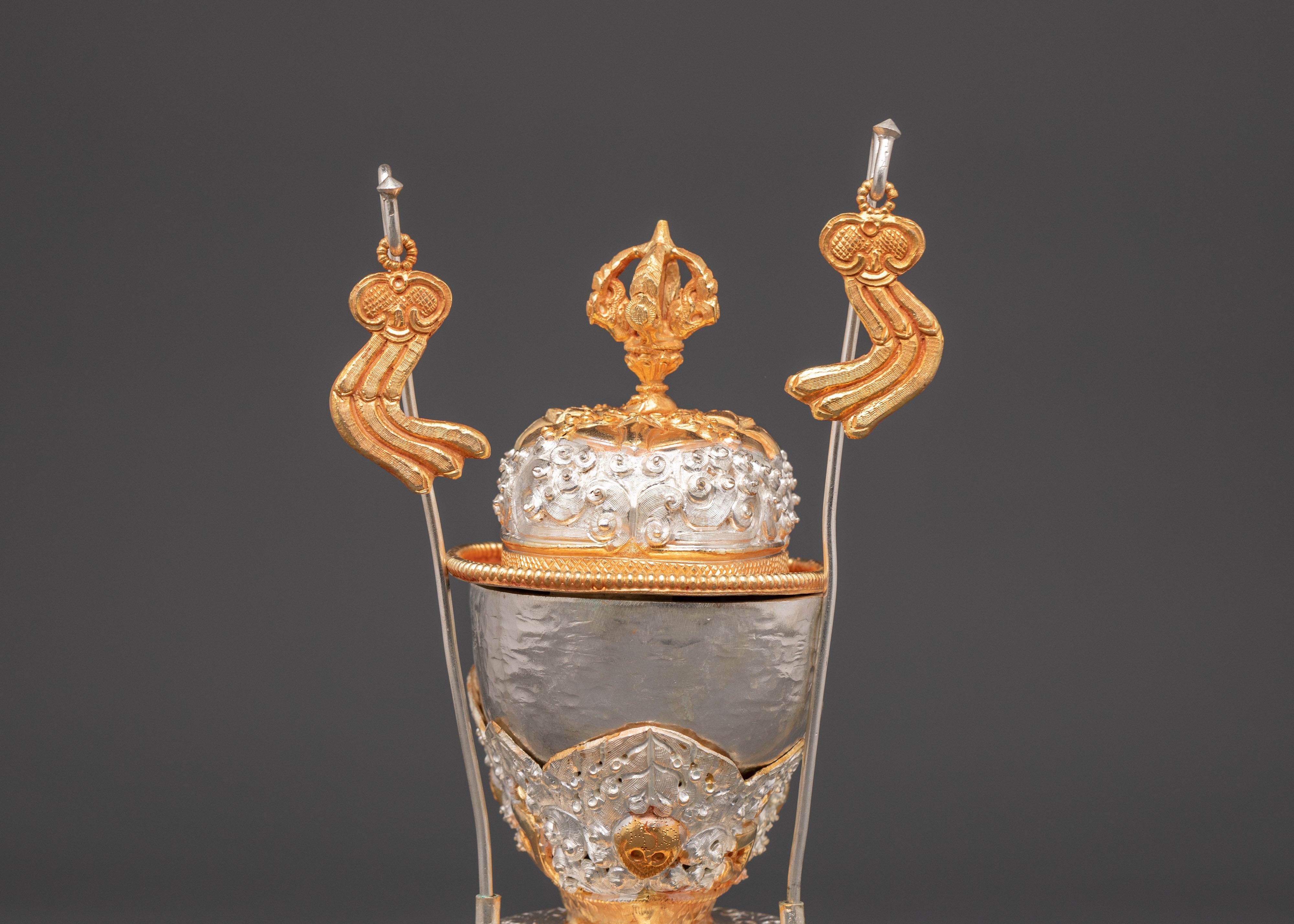 Handmade Silver Plated Kapala | Copper Skull Cup with Auspicious Symbols