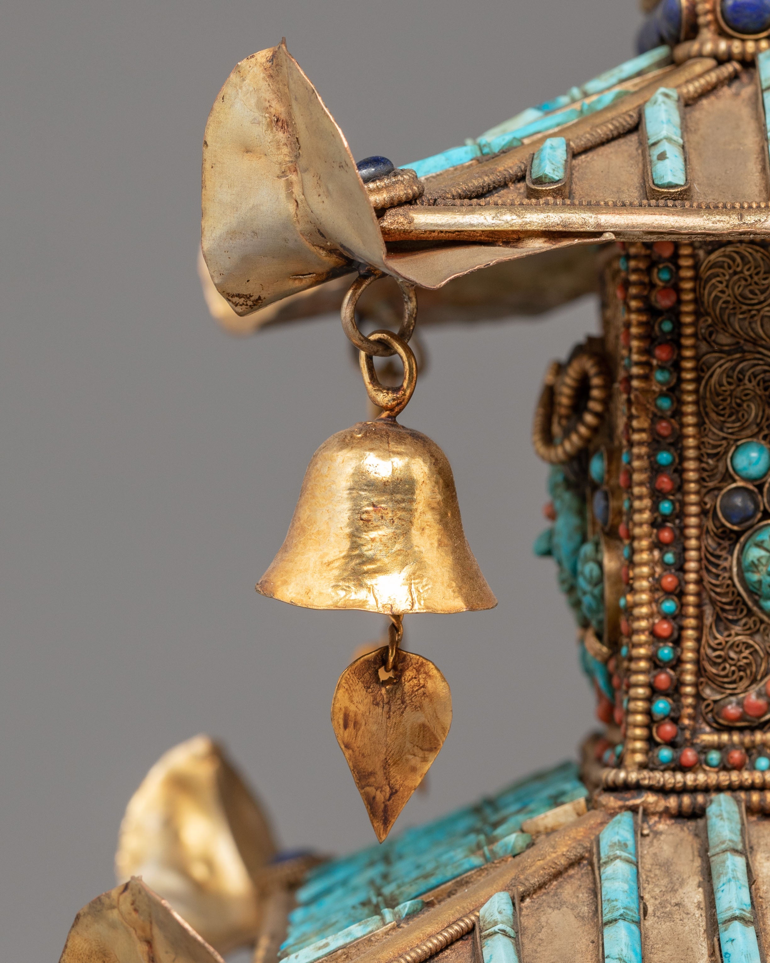 Tibetan Stupa with Deities and Turquoise Inlays | Copper & Semi-Precious Stones