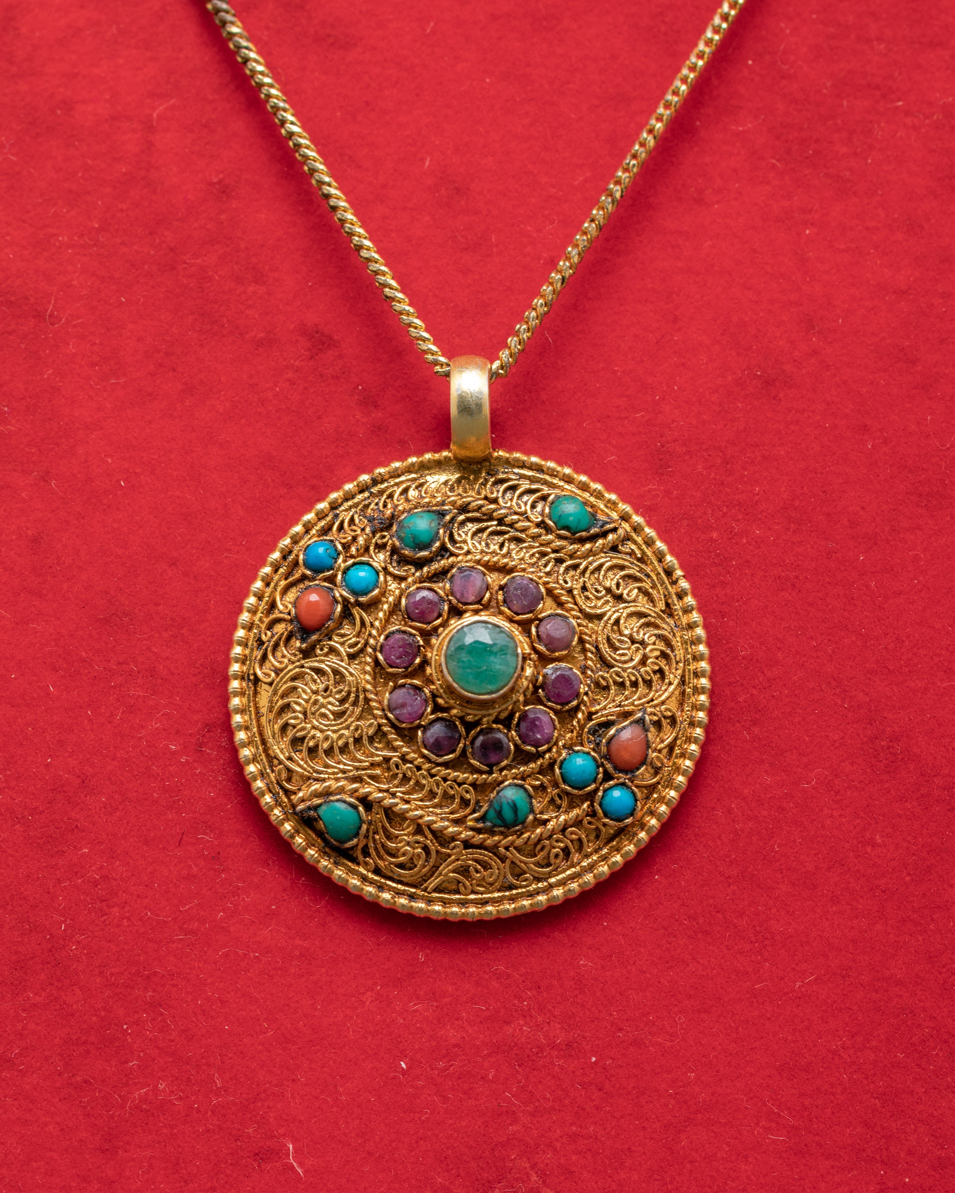 Silver and Gold-Plated Gemstone Pendant | Coral, Ruby & Turquoise Jewelry