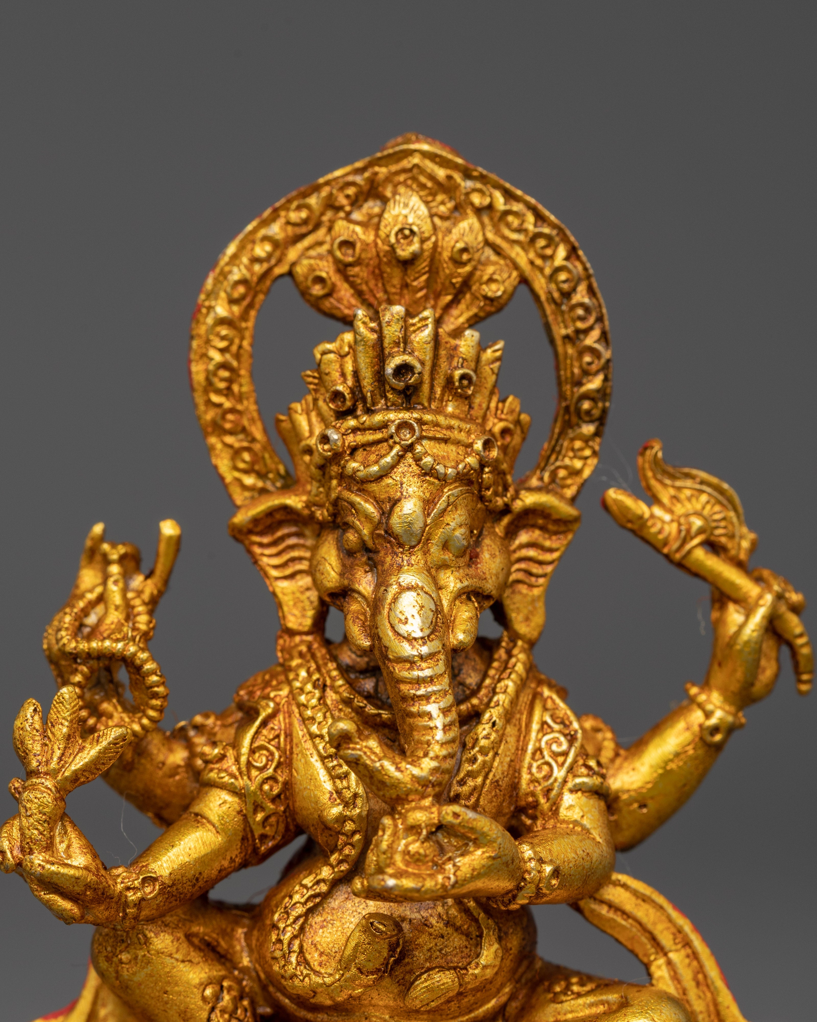 Four Armed Ganesh Statue | Gold Hindu Elephant Deity Sculpture