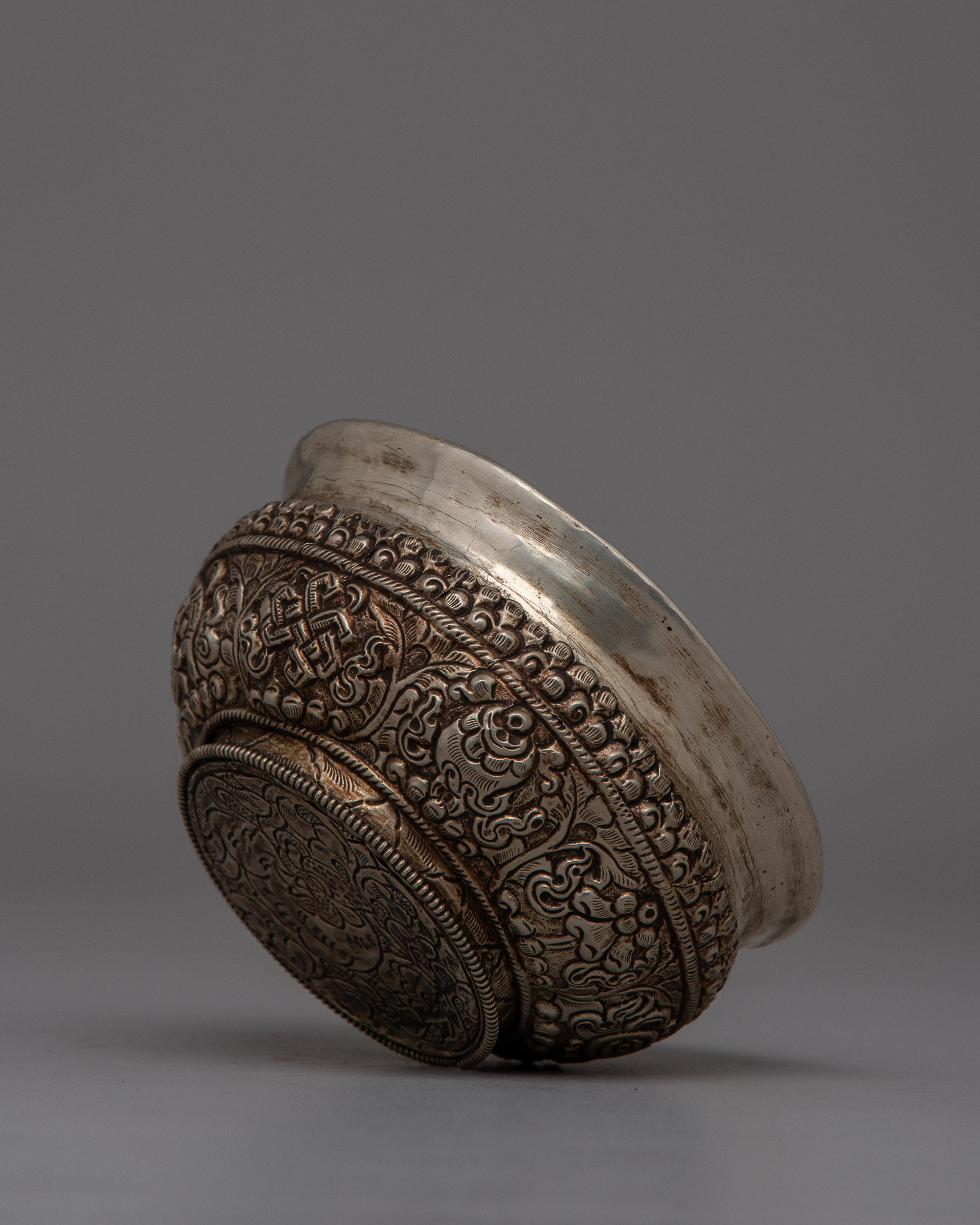 White metal Offering Bowl for Buddhist Altars | Sacred Meditation Gift
