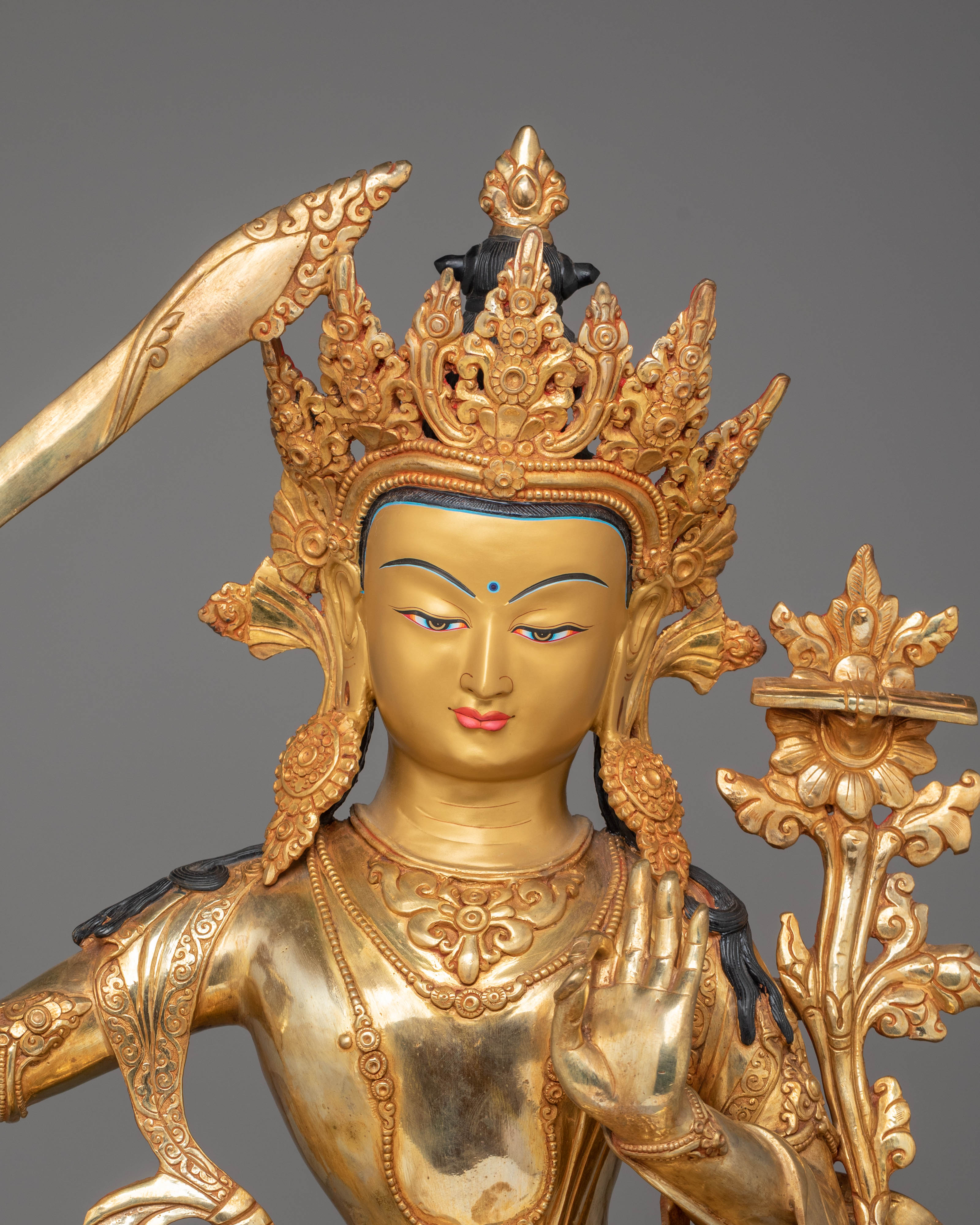Handmade Spiritual Manjushri Statue | Gold-Plated Copper with Acrylic Color