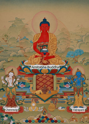 Red Amitabha Buddha Thangka | Buddha with Bodhisattvas