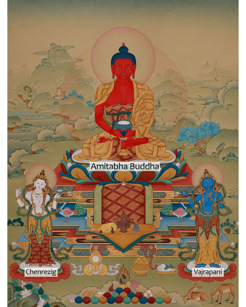 Red Amitabha Buddha Thangka | Buddha with Bodhisattvas