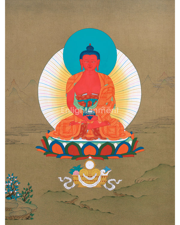 Amida Buddha Thangka - Sacred Tibetan Art with Deep Red Hues