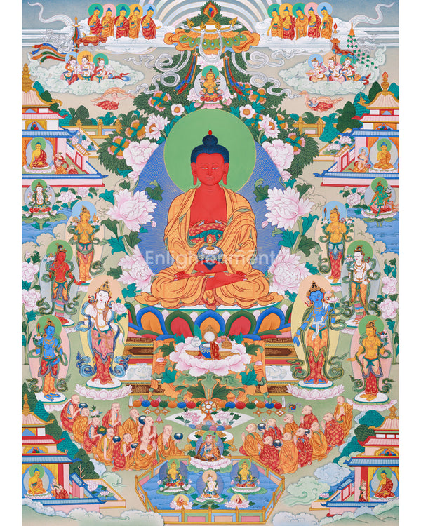 Buddhist Pure Land Thangka | Hand-Painted Amitabha Singham Artwork