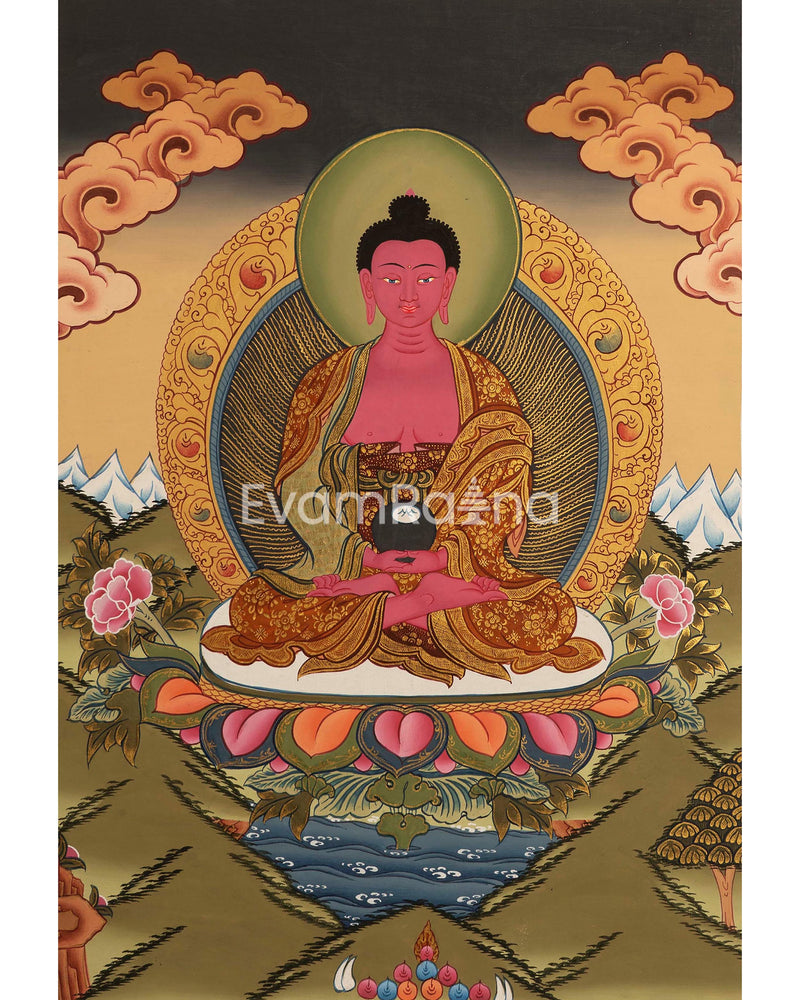 Amitabha Buddha and Chengrezig Thangka Painting | Tibetan Buddhist Wall Hanging Art for Peace |