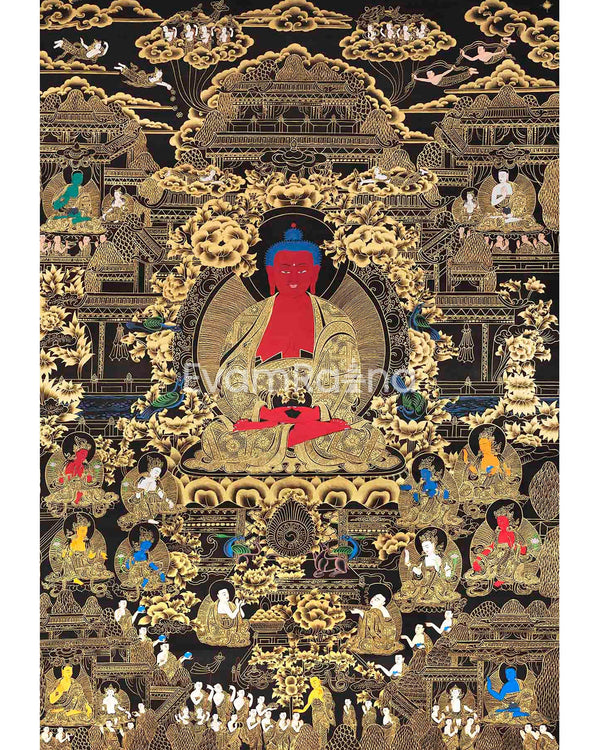 Black and Gold Amitabha Buddha Thangka | Sukhavati Thangka | Meditation Buddha