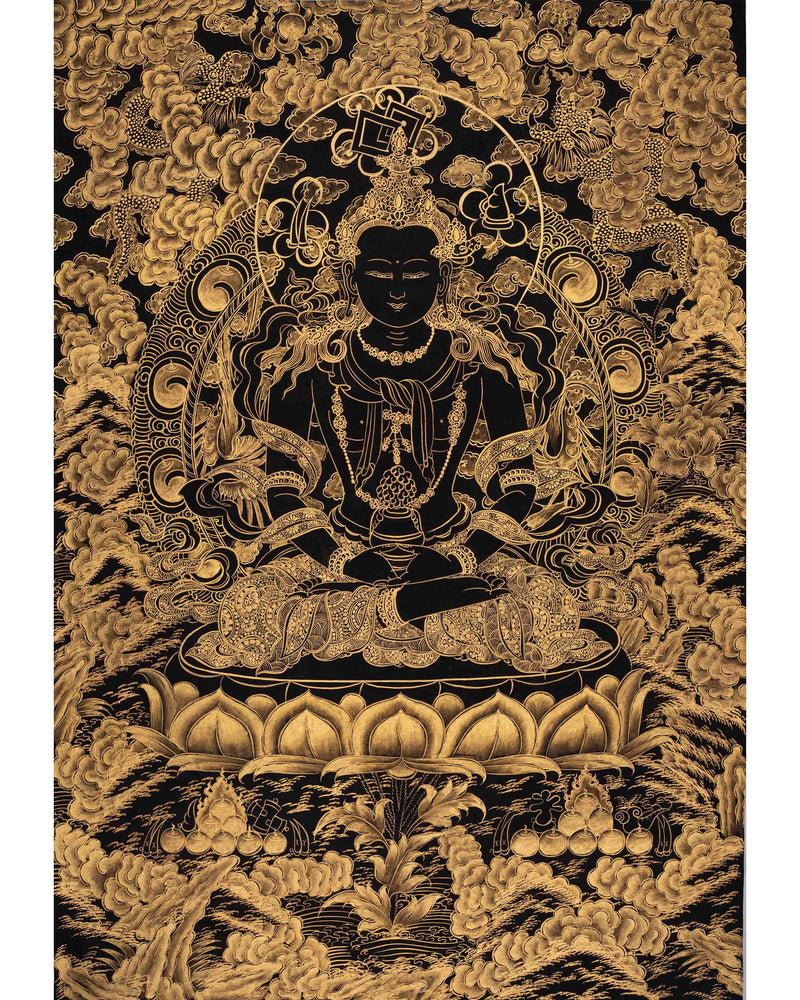 Hand-Painted Black and Gold Amitayus Buddha Thanka