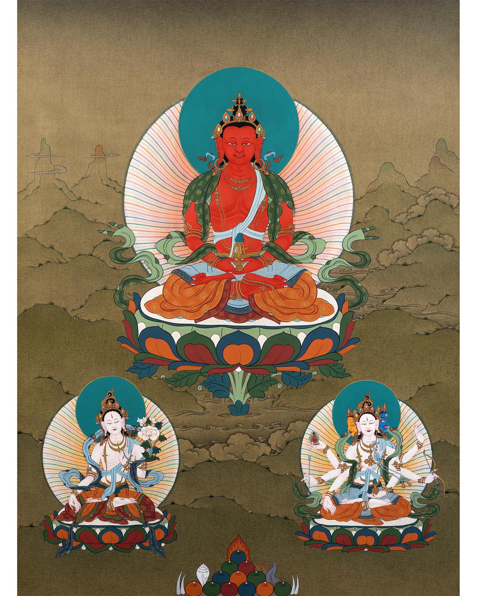 Amitayus With White Tara And Namgyalma Thangka | Tibetan Buddhist Art