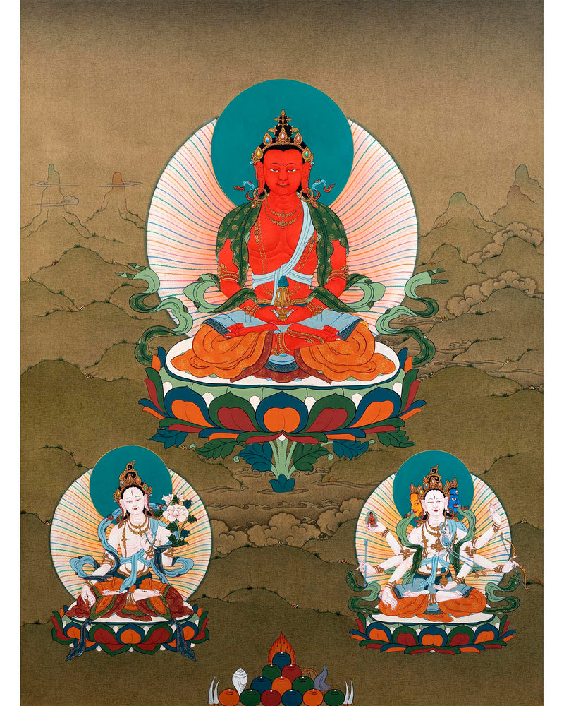 Amitayus With White Tara And Namgyalma Thangka | Tibetan Buddhist Art