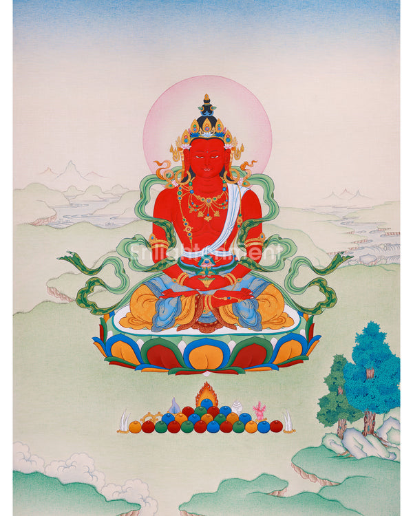 Amitayus Buddha Artwork | Hand-Painted Tibetan Buddhist Thangka | Longevity and Spiritual Enlightenment