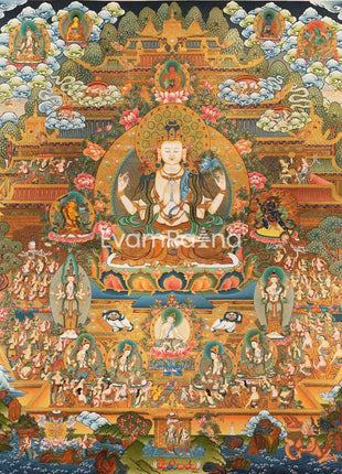 Avalokiteshvara Chengrezig Thangka With Amitabha Buddha On Top