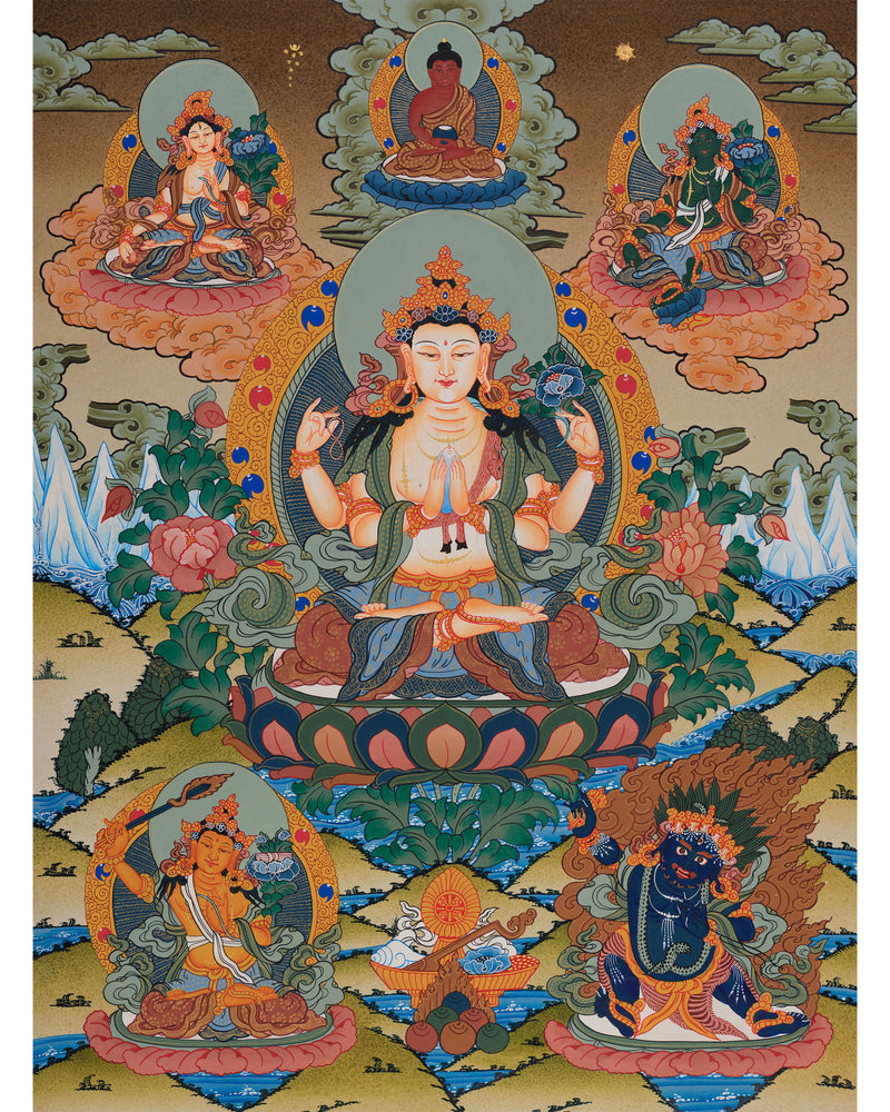 Avalokiteshvara Thangka with Buddhas and Bodhisattvas