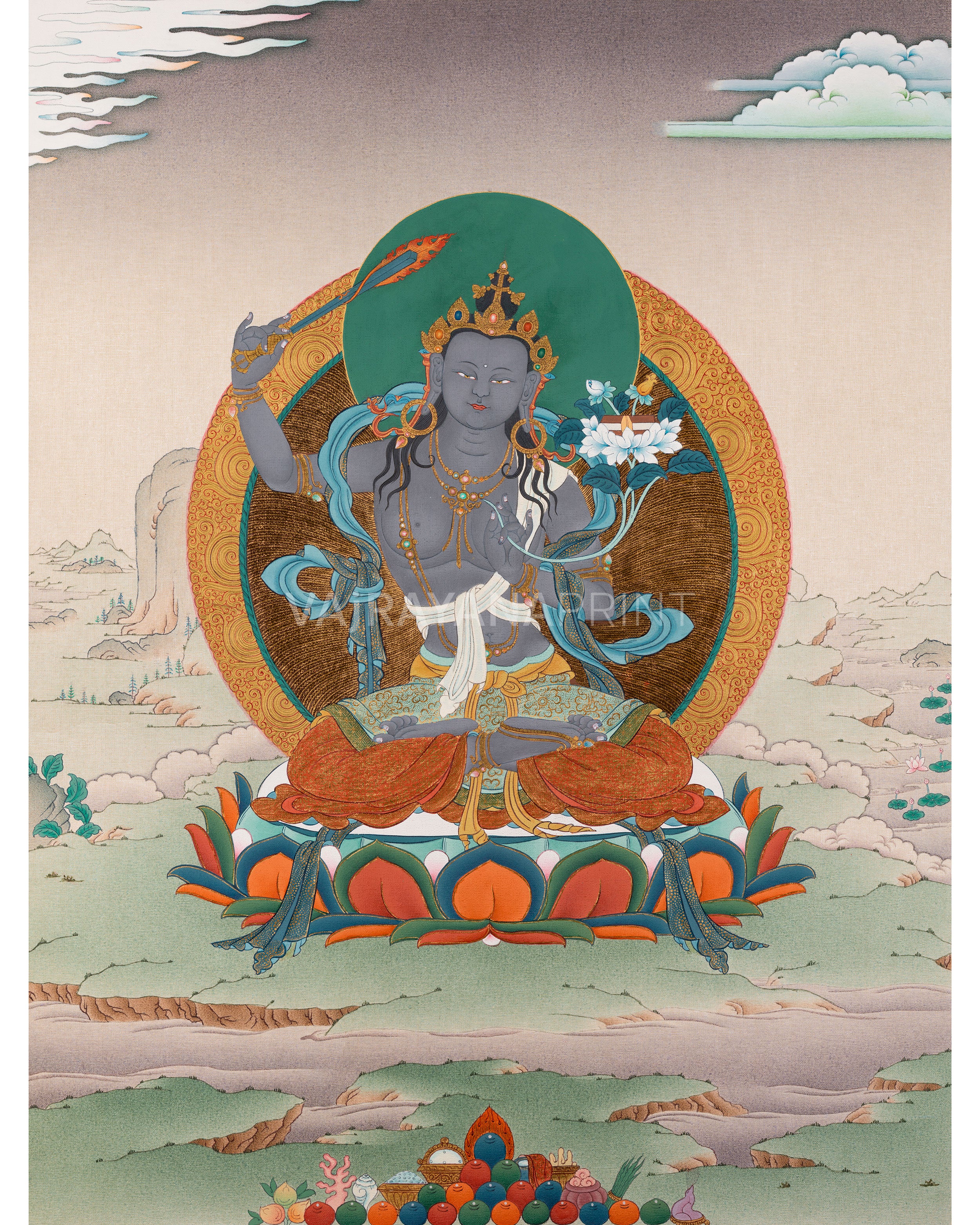 Black Manjushree Thangka Print | High Quality Manjushree Canvas Print | Wall Decor