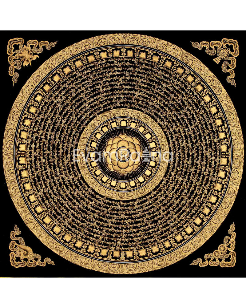 Original Hand Painted Mantra Mandala Thangka | Black And Gold Style Mandala