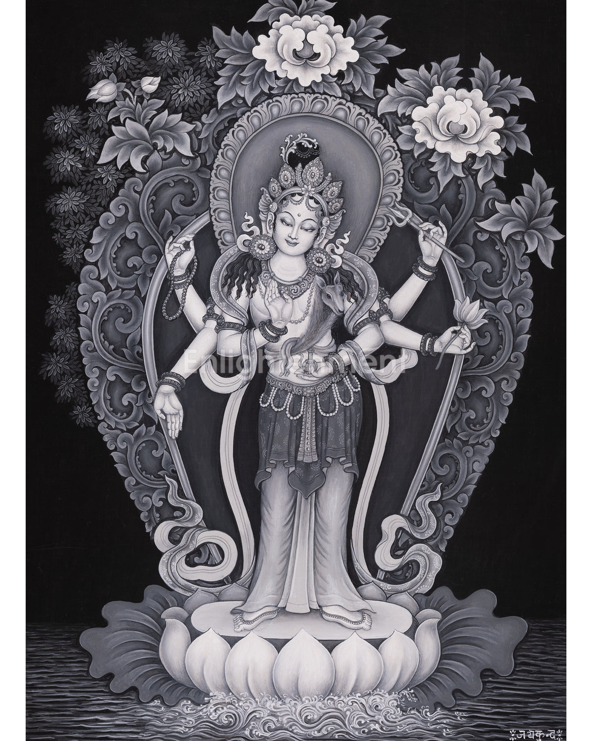 Black and White Bodhisattva Chenrezig Thangka 