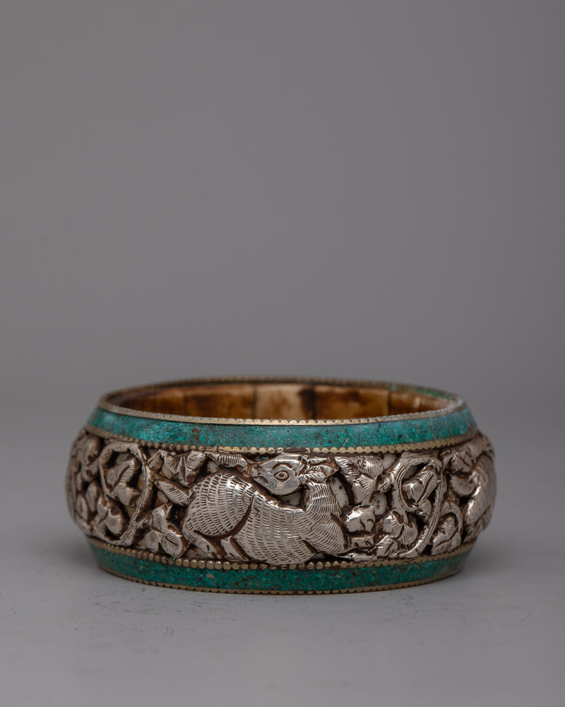 Intricately Carved Round Silver Bangle