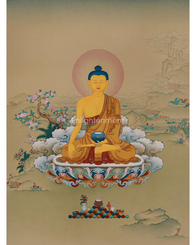 Enlightened Buddha Shakyamuni Thangka | The Sage of the Shakya | Artistic Elegence in Lhasa Stone Hues