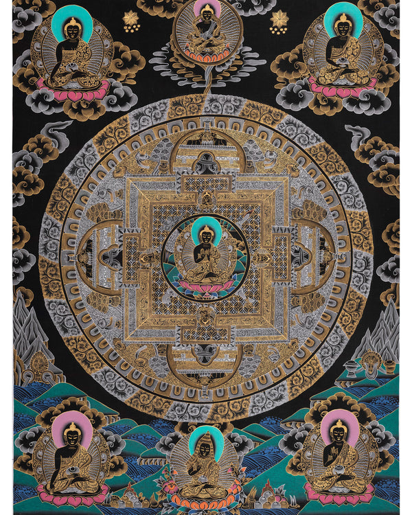 Black Silver and Gold Buddha Mandala