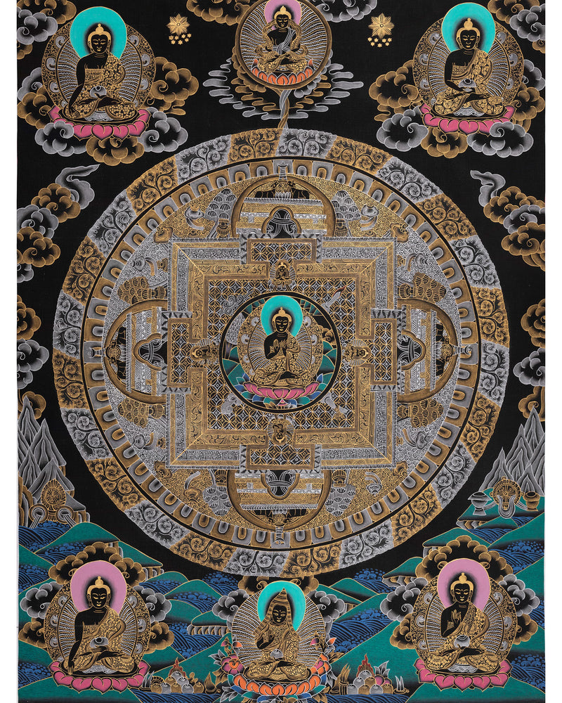 Black Silver and Gold Buddha Mandala