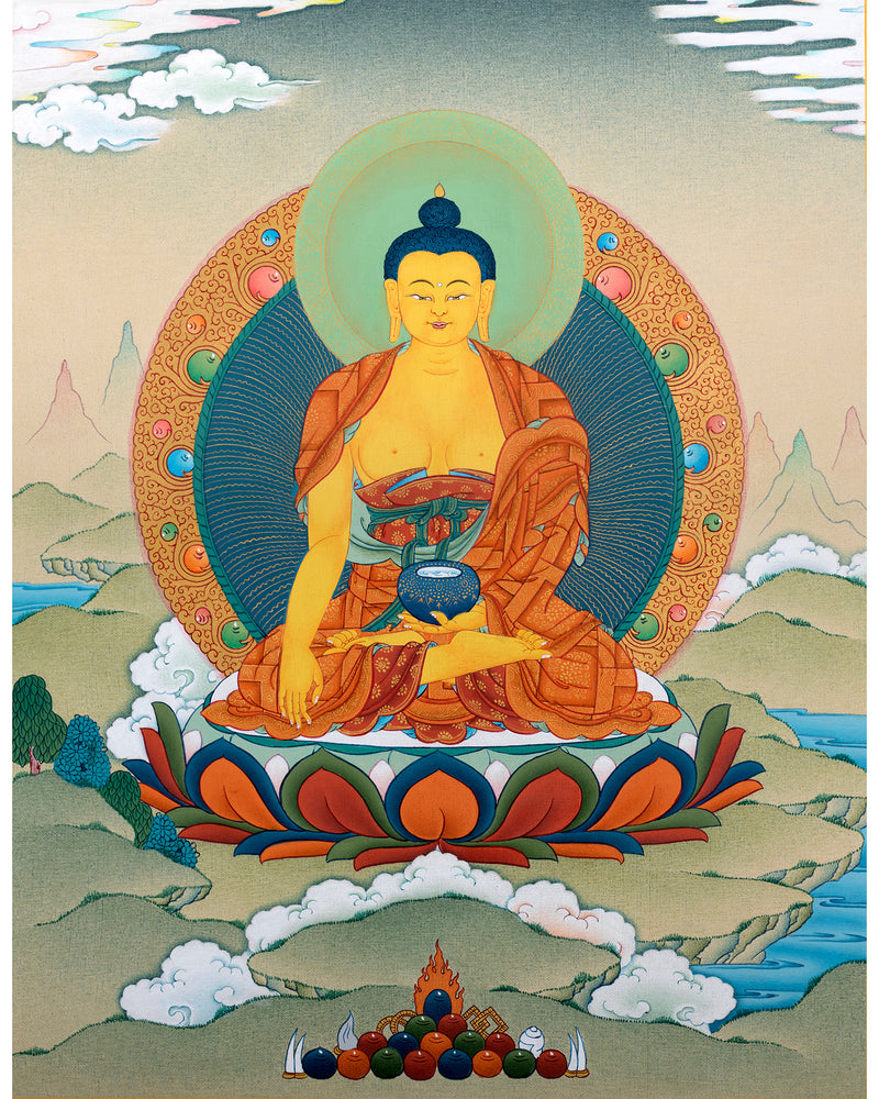 Shakyamuni Buddha Thangka, Hand Painted Tibetan Buddha Painting in 24K Gold