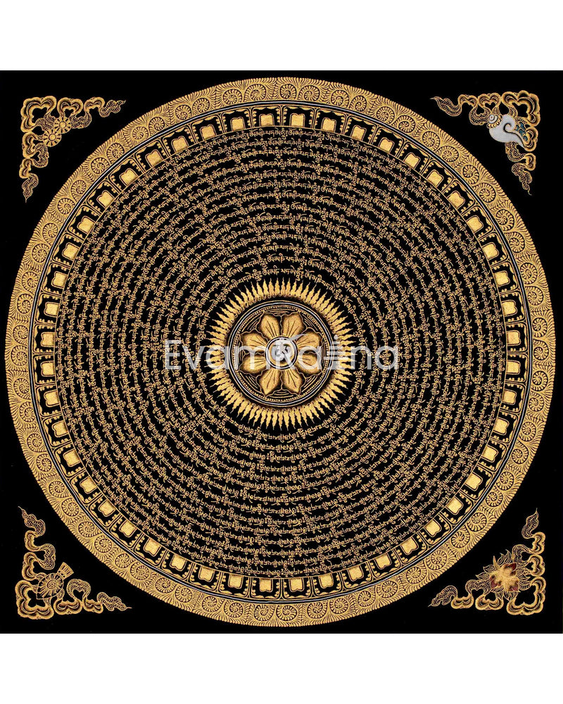 Original Hand Painted Mantra Mandala Thangka | Black And Gold Style Mandala