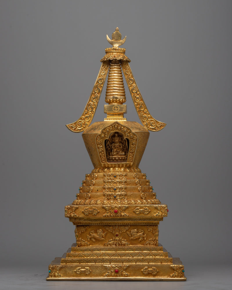 Beautiful Gold Plated Tibetan Chorten Stupa To Enhance Meditation & Serene Home Decor