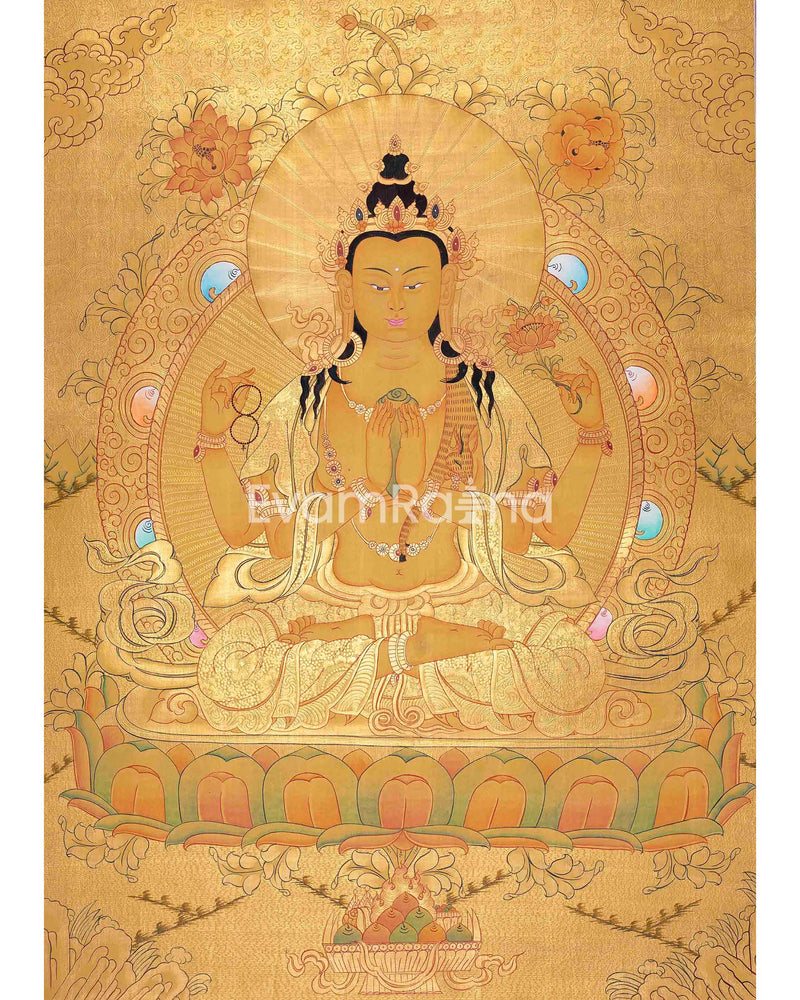 Full Gold Style Chengrezig Thangka | Tibetan Buddhist Artwork | Avalokiteshvara Painting | Housewarming Gifts | Religious Wall Hanging Decor