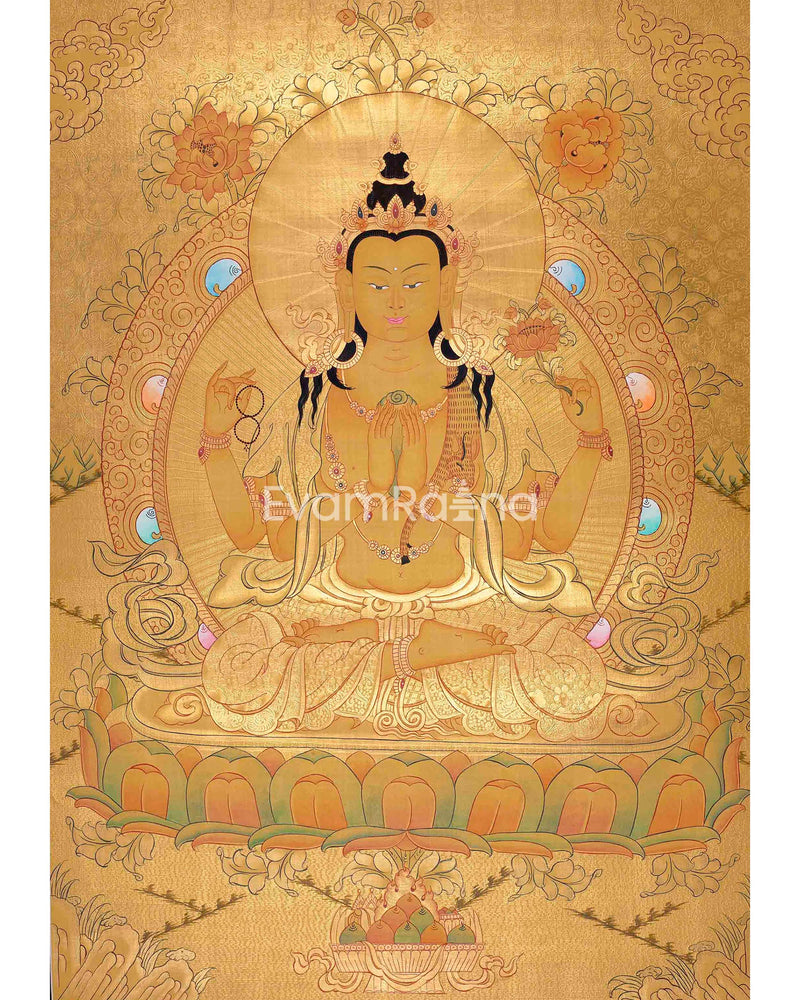 Full Gold Style Chengrezig Thangka | Tibetan Buddhist Artwork | Avalokiteshvara Painting | Housewarming Gifts | Religious Wall Hanging Decor