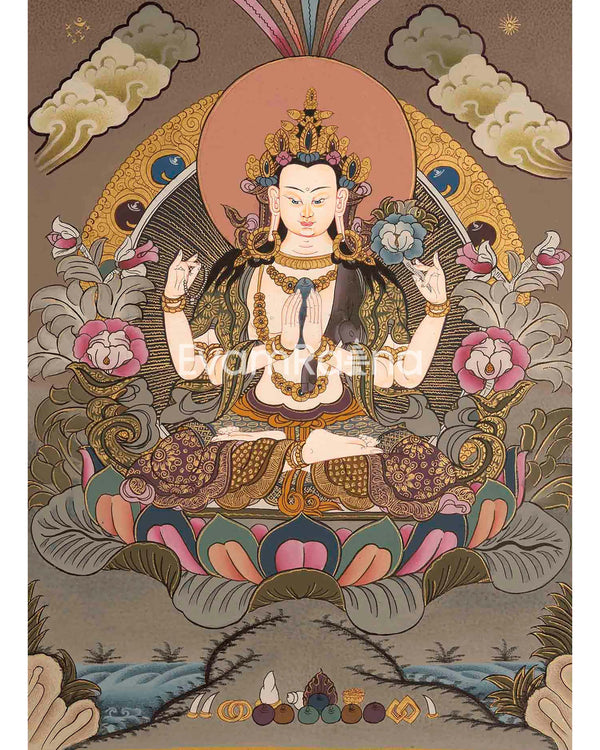 Beautifully Hand-Painted Four-Armed Chengrezig | Avalokiteshvara Thangka Painting | Compassionate Bodhisattva | Spiritual and Religious Arts