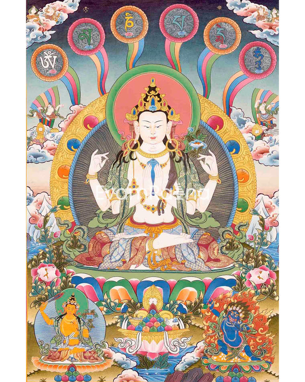 Chengrezig With Mantra Thangka