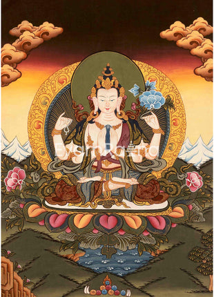 Amitabha Buddha and Chengrezig Thangka Painting | Tibetan Buddhist Wall Hanging Art for Peace |