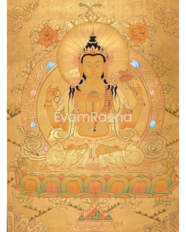 Full Gold Style Chengrezig Thangka | Tibetan Buddhist Artwork | Avalokiteshvara Painting | Housewarming Gifts | Religious Wall Hanging Decor