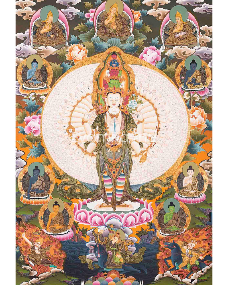 Original Handmade Lokeshvara with 1000 Armed | Chengrezig Thangka | Tibetan Thangka Painting |