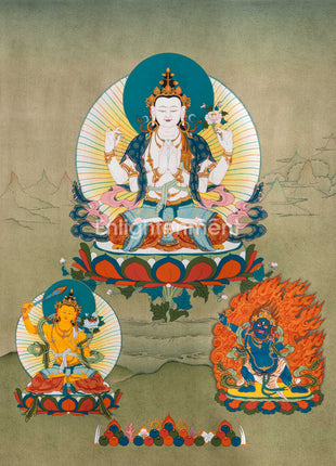 Chenrezig, Manjushri and Vajrapani, Trio Bodhisattva Thangka
