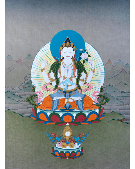 Four Armed Chenrezig Thangka Art | Tibetan Buddhist Deity Of Compassion